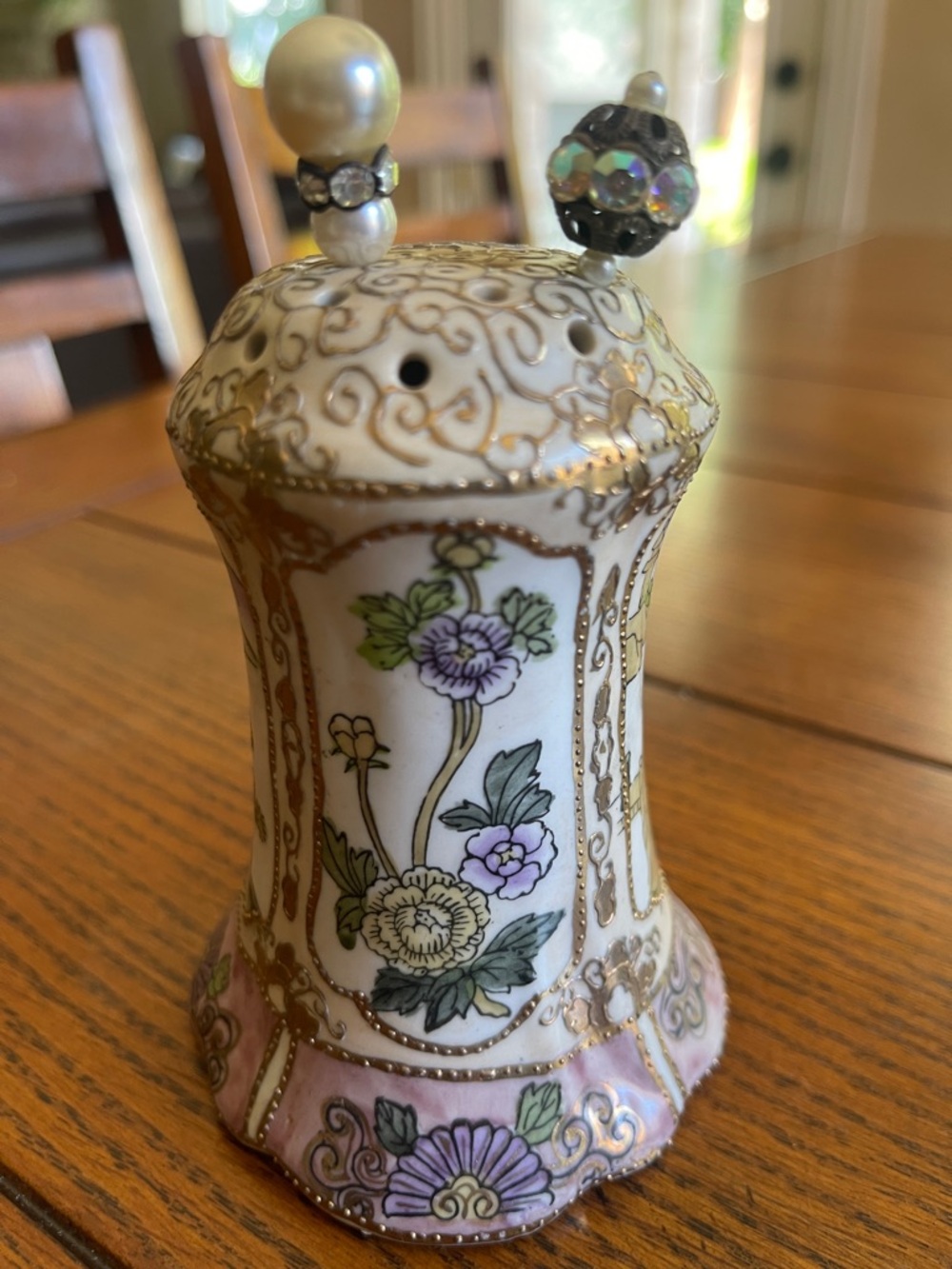 Antique Nippon Hatpin Holder Morimura Japan Moriage Hand Painted and 2 Hatpins